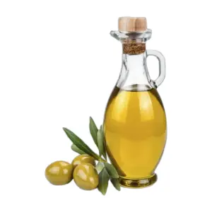 بطری شیشه‌ای روغن درمانی خالص زیتون رودبار با درپوش چوب‌پنبه‌ای و زیتون طبیعی مسعود