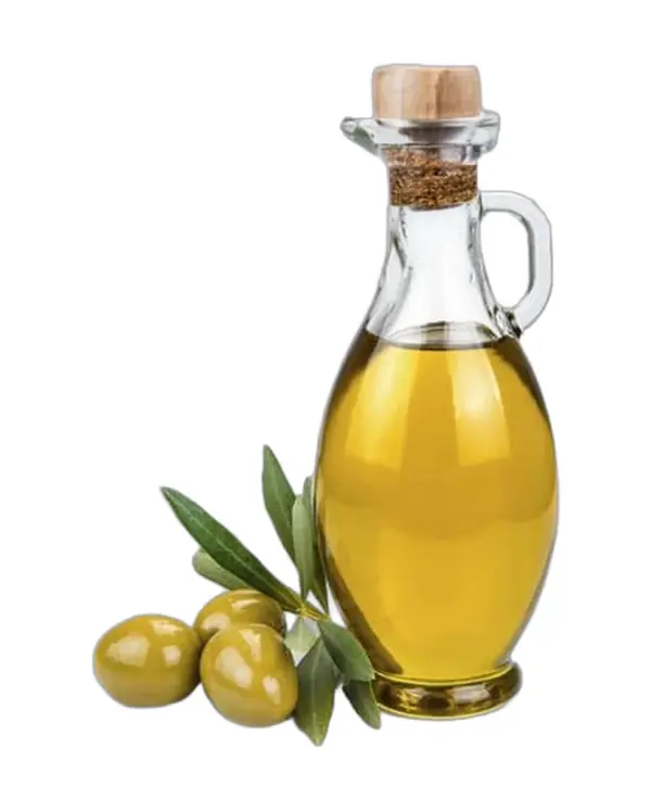 بطری شیشهای روغن درمانی خالص زیتون رودبار با درپوش چوبپنبهای و زیتون طبیعی مسعود